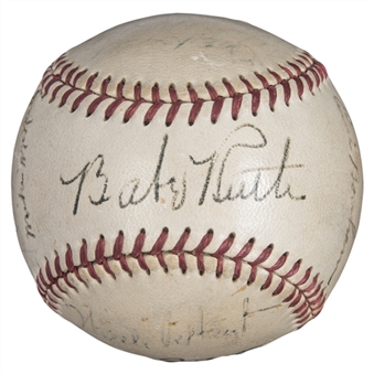 Babe Ruth (Displays as Single)New York Yankees Multi Signed OAL Harridge Baseball With 18 Signatures (Beckett)